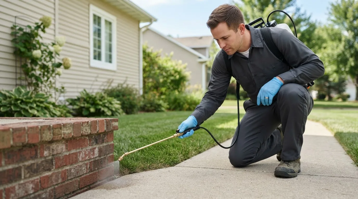 Pest control technician treating a home near Bradley, OK