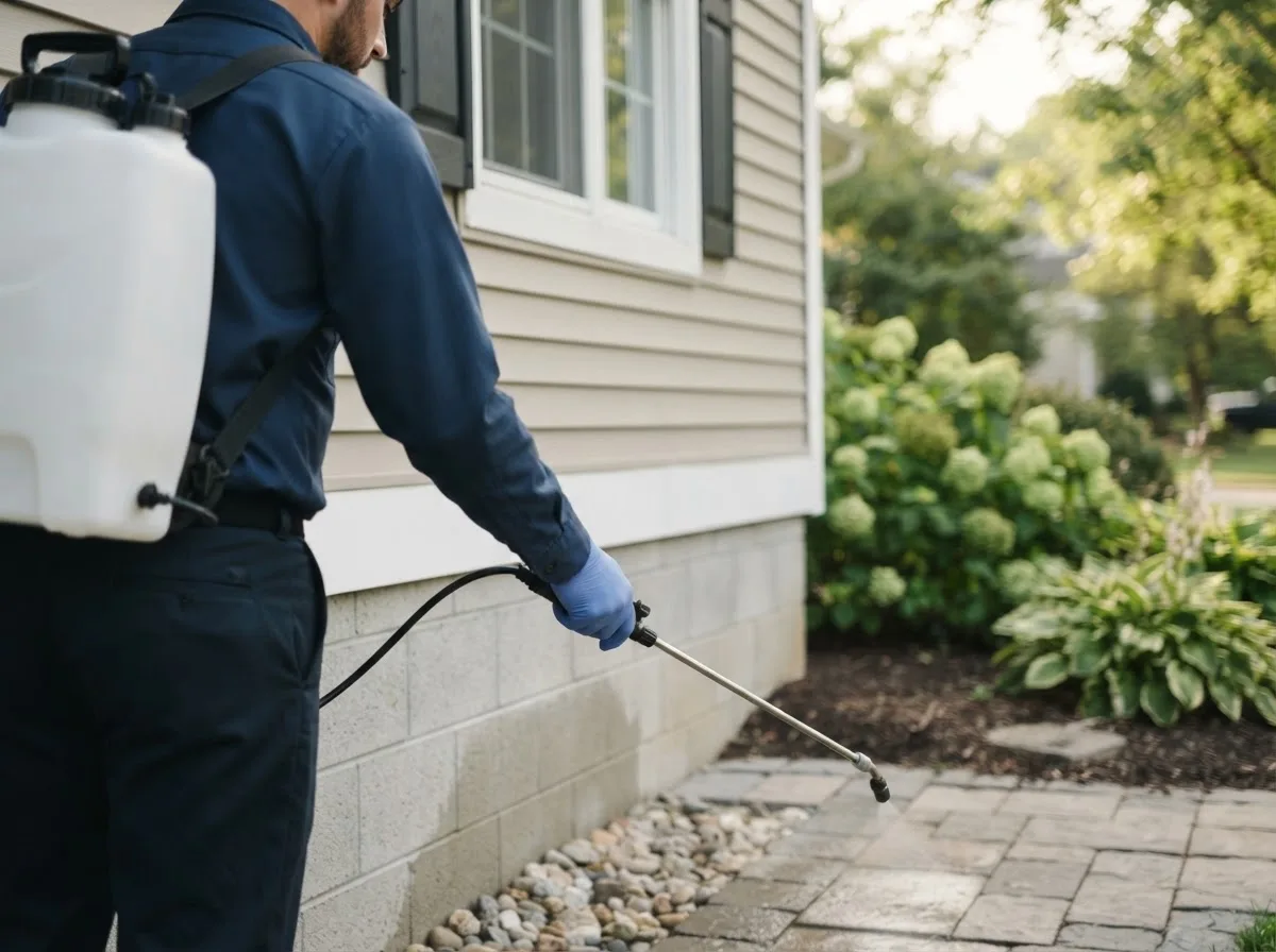 Pest control technician inspecting a home in Bradley, OK